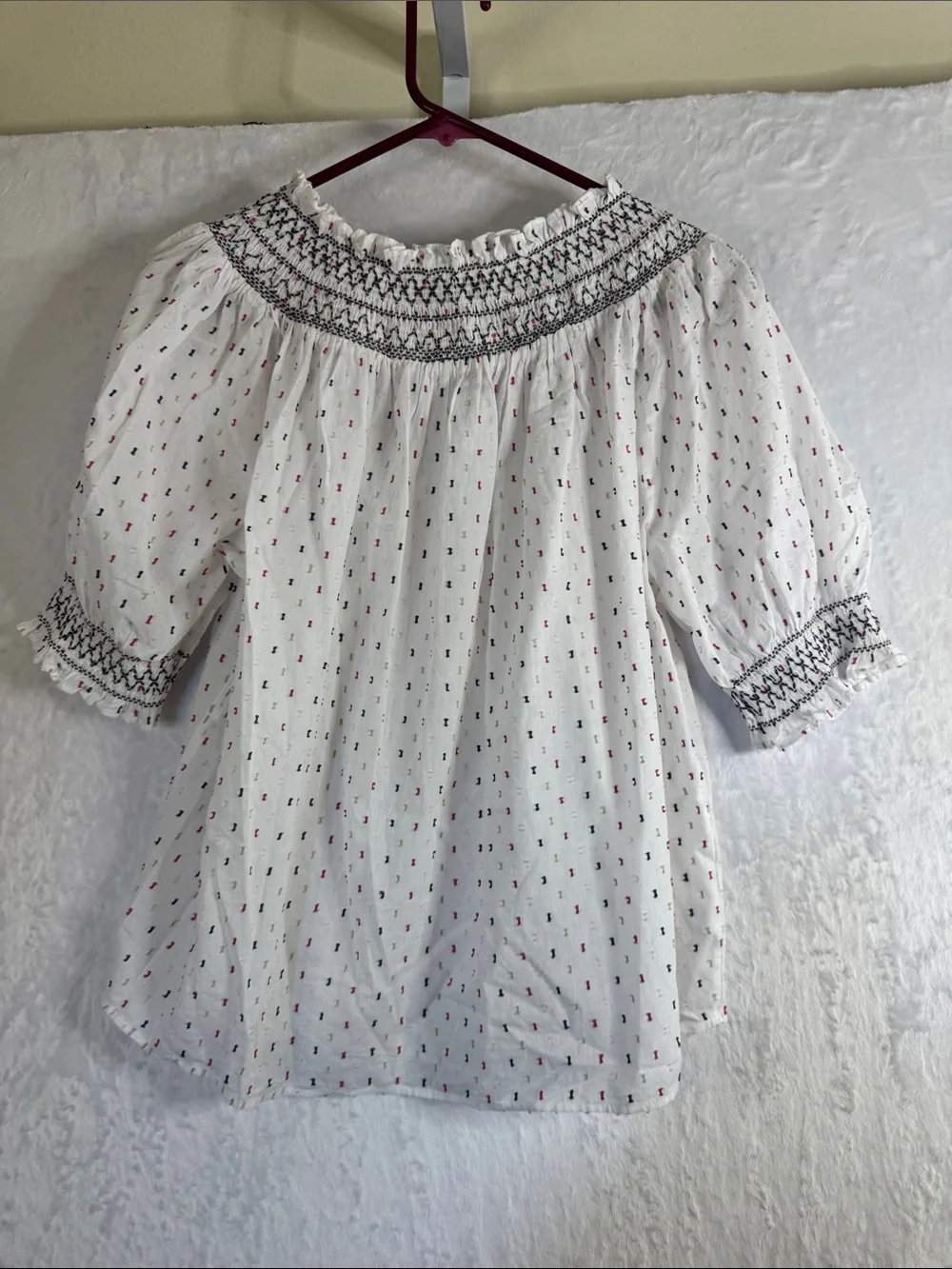 Loft White Smocked Puff Sleeve Top with Pink & Black Dot Detail